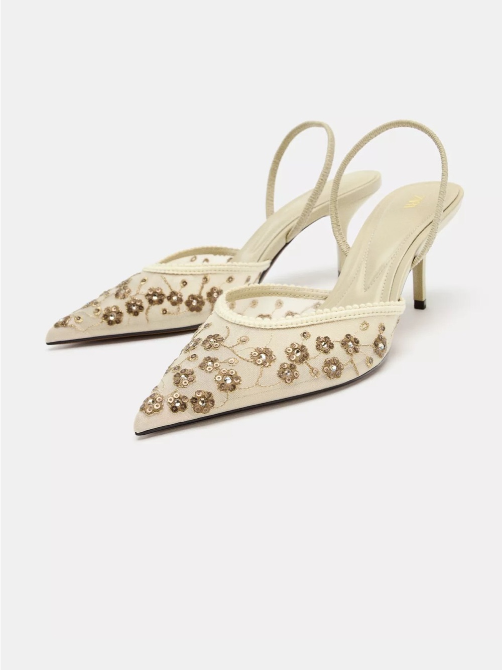 Wedding shoes Embroidered Mesh Embellished Ivory Slingback Pointed-Toe Heel